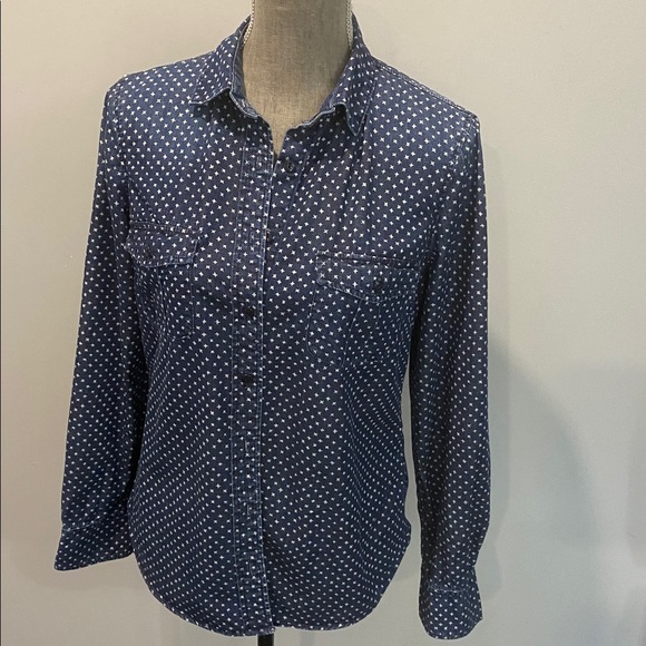 J.Crew Polka Dot Button Down Shirt Navy Cotton Denim Size 6 Women’s - Picture 10 of 14